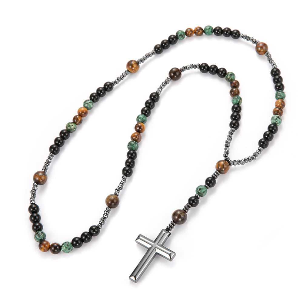 Chinoiserie Retro Ethnic Style Geometric Cross Natural Stone Beaded Polishing Men's Pendant Necklace display picture 5