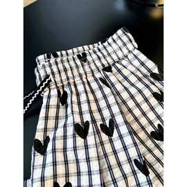 黑白格纹泡泡棉爱心印花休闲裤女夏季设计感高腰抽绳直筒裤遛弯裤