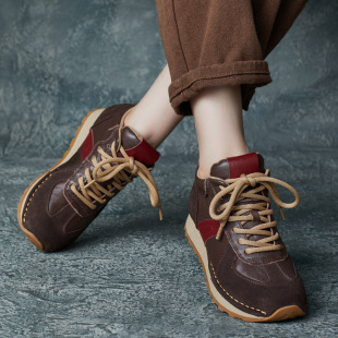 2025 Autumn/Winter New Cowhide Round-Toe Soft Sole Cortez Shoes Color-Block Women's German Training Shoes High-Top Thick-Soled Casual Shoes