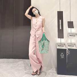 深圳南油夏季粉色马甲直筒裤运动套装女夏2026新款轻熟风两件套女