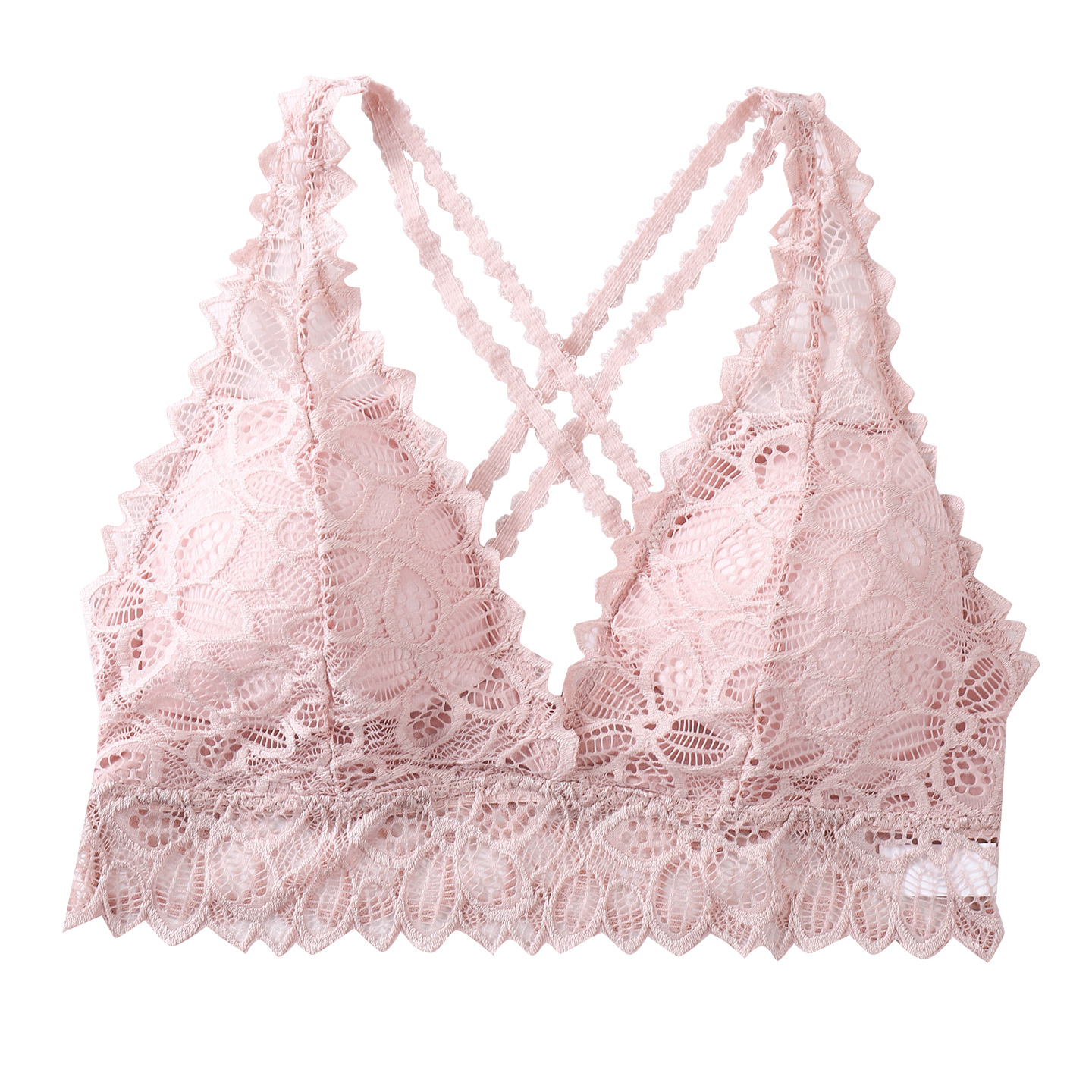 Cintas cruzadas de encaje de belleza de espalda pura sexy hueco transpirable reunido pecho pequeño mostrando un gran soporte sin anillo de acero ropa interior al por mayor