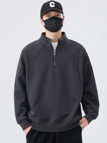 Half-zip solid color sweatshirt for men, spring and autumn 2025 winter style, loose trendy turtleneck men's thin base shirt
