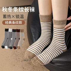襪子女秋冬條紋加絨加厚韓版簡約毛圈襪居家百搭中筒襪子批發