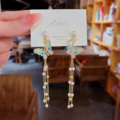 Colorful Butterfly Tassel Earrings Unique Design High-End Formal Dress 925 Silver Needle Earrings New Trend Earrings Wholesale