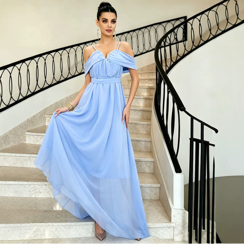 European and American Cross-Border Amazon Blue Elegant Ball Gown Long Evening Dress for Banquets