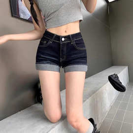 美式辣妹高腰性感超短裤热裤牛仔裤女深蓝色设计感百搭卷边短裤子