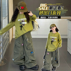 女童长袖t恤儿童秋装2025新款潮酷设计感美式毛巾绣工装裤两件套9