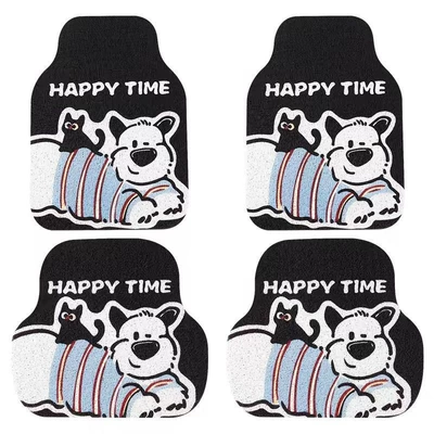 cartoon silk loop car mat, cute: Avtomobil döşəmə paspasları - black-background-puppy-pattern-front-row-rear-row-complete-set-4-pieces-silk-loop-5060cm-2-pieces-5050cm-2-pieces