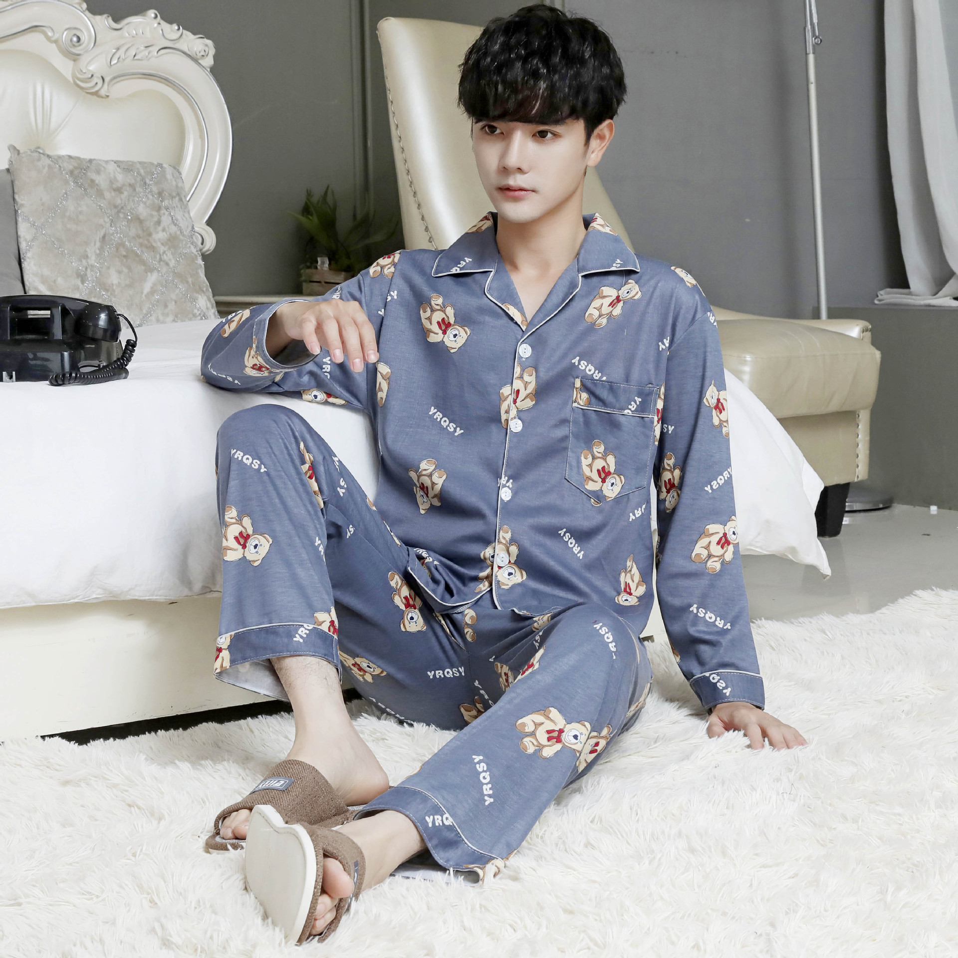 Pijamas de manga larga de los hombres de primavera y otoño de algodón cardigan casual Plaid elegante de los hombres desgaste del hogar de Otoño de algodón más traje de tamaño