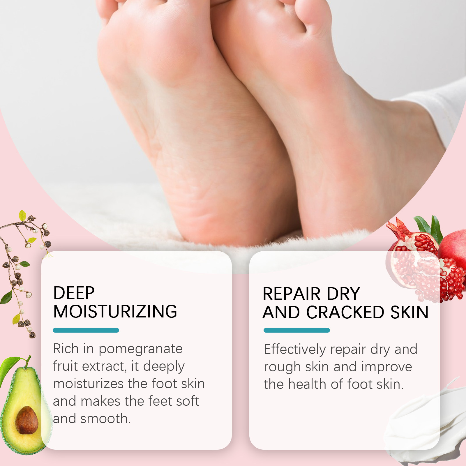 Fußpflegecreme, erweichende Fußpflegecreme mit Granatapfel-Moringasamen, feuchtigkeitsspendende Fußcreme für die Ferse_voghion.com
