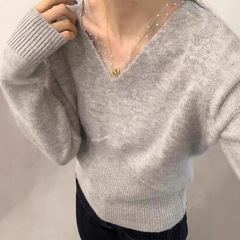 纯欲V领蕾丝拼接内搭毛衣打底衫女2025秋季修身漂亮别致针织上衣