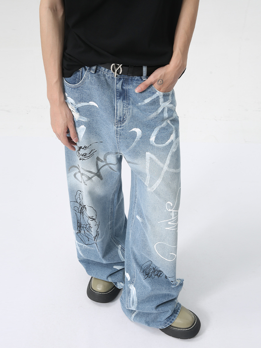 MTLCLOTHES Hombres| 2024 verano nuevos productos de moda moda graffiti callejero interesante jeans de trapazo de barril recto