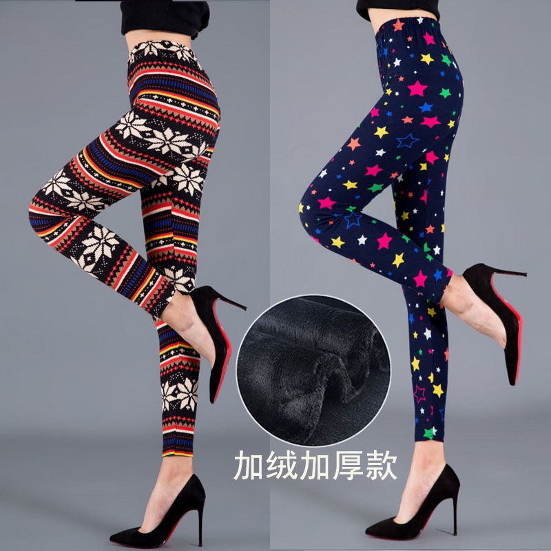 Autumn and Winter Fleece-lined Leggings Women's Outer Wear Printed Warm Pants Stretch Thick Fleece Pants Stretch Large Fleece-free Trousers