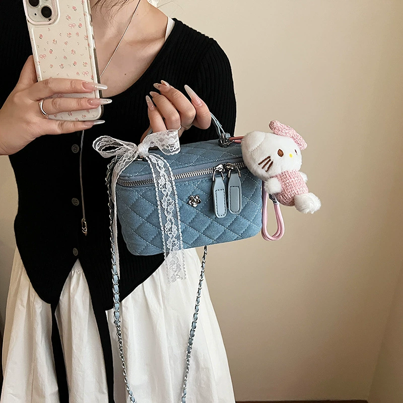 Denim Box Shoulder Bag, chain strap, light-luxury one-shoulder design, small & large