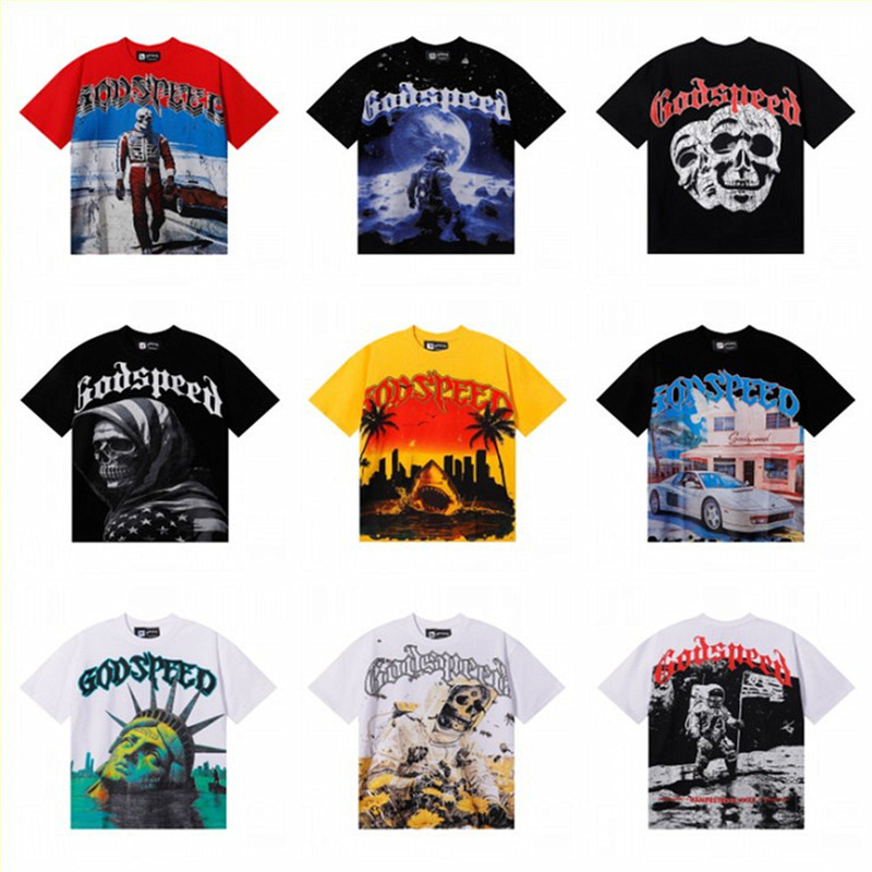 Cross-Border Trendy Brand Export God&Speed Skull Letter Pattern Printed Short-Sleeved T-Shirt for Men and Women High Street Hip-Hop Half-Sleeve