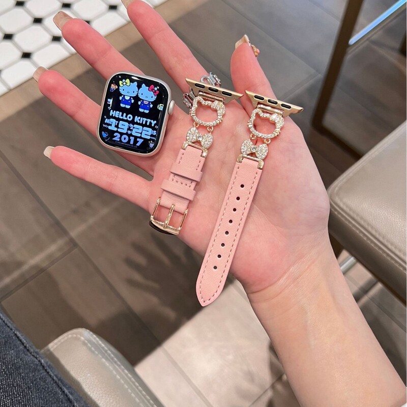 Suitable for Apple Iwatch11 Watch Metal Kt Cat Flash Diamond Leather Female Model Applewatchs109 Watch Strap