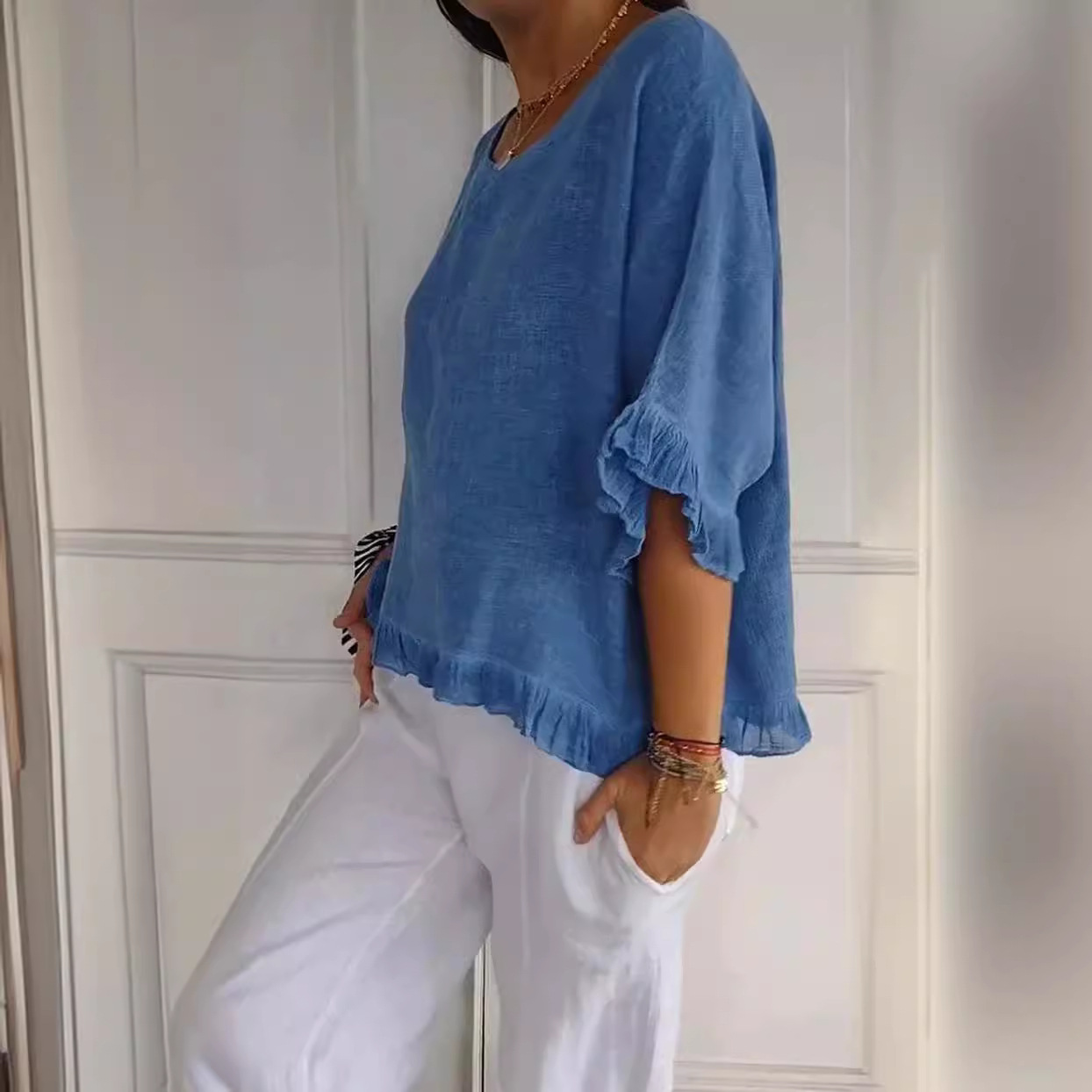 Women's Ruffled T-Shirt Casual Solid Color Short Sleeve Top For Summer New Arrival_voghion.com