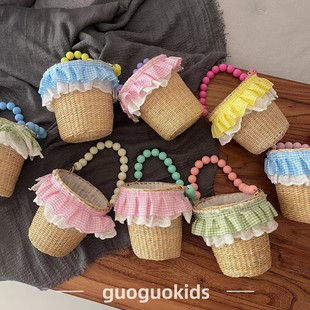 Fresh and Simple Plaid Lace Children's Straw Bag Summer Girls' Vacation Stylish Bucket Handbag