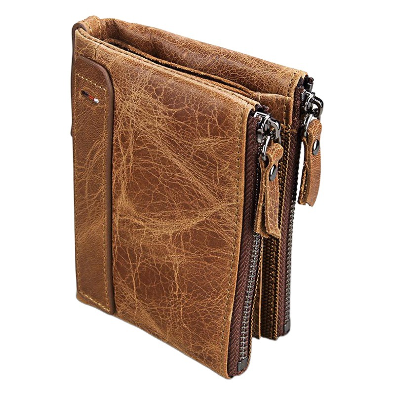 Crazy Horse Cowhide Men's Wallet RFID Anti-theft Brush Cowhide Short Men's Ticket Clip Wallet Double Zipper Coin Purse