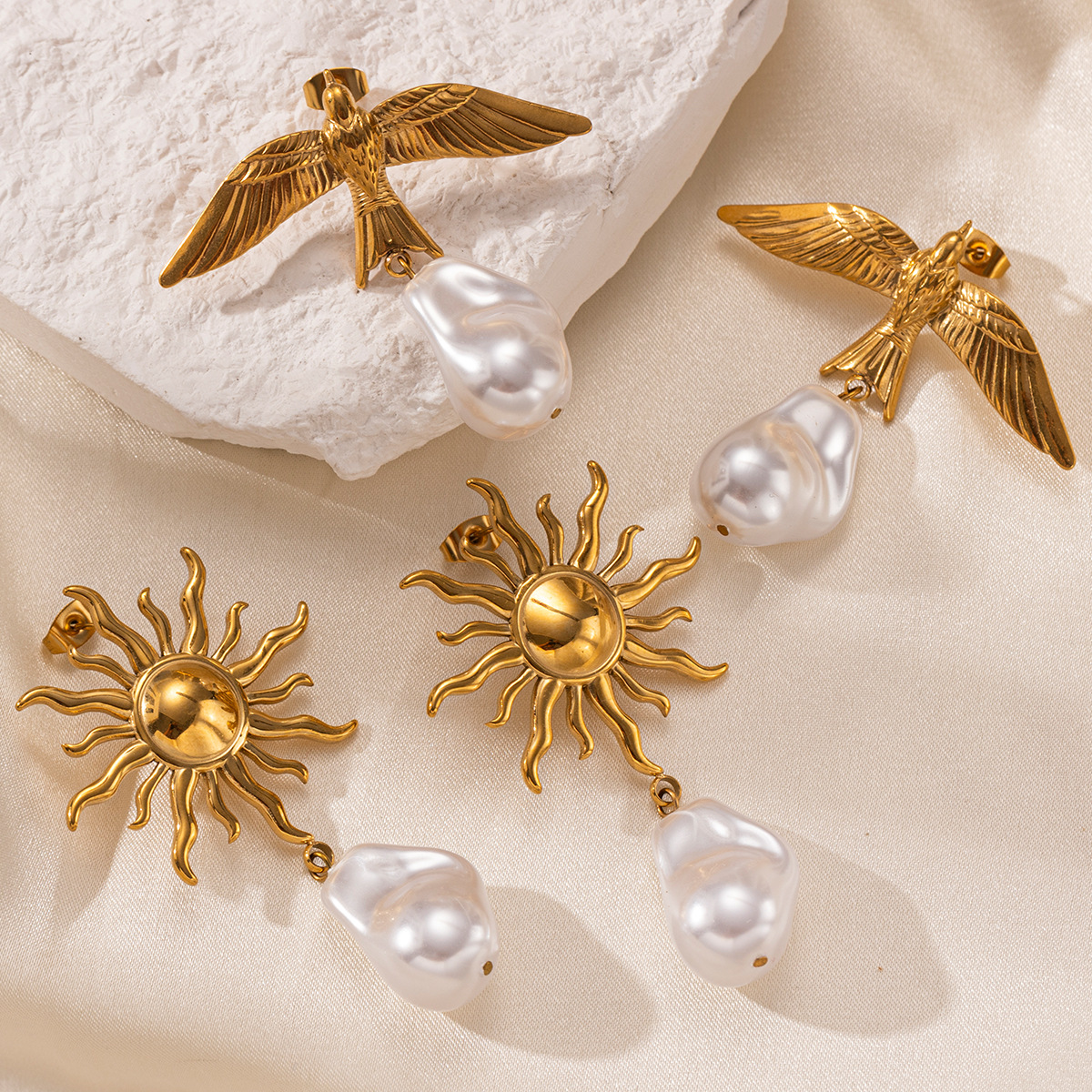 Taena Pendientes de acero inoxidable europeos y americanos de nicho de alto nivel, todo fósforo, animales del cielo, pendientes de perlas reales, joyería de estilo de vacaciones