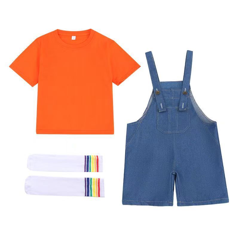 跨境现货儿童演出服合唱啦啦队牛仔背带裤批发幼儿园毕业照彩彩色|undefined