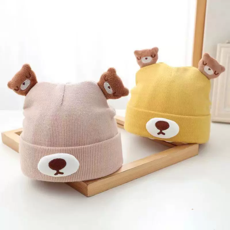 婴儿帽子冬季儿童毛线帽男女宝宝外出防风套头帽小熊保暖围脖6-18
