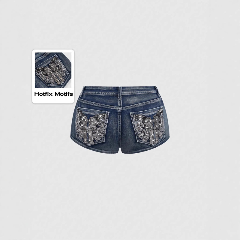 Heavy-Duty Rhinestone Embroidery Vintage Washed Denim Shorts for Women, High-Waisted Hot Pants, Factory Direct Wholesale