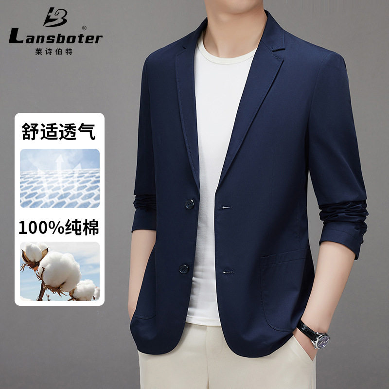 Áo vest nam cotton dáng ôm vừa vặn, cổ vest một hàng hai nút, tay dài, phong cách Hàn Quốc — Màu be, Màu xanh lam, Xanh lục Xám