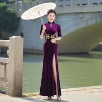 Подиум Cheongsam женский фиолетовый костюм 2024 новая весна длинная стройная банкетная вечеринка Cheongsam вечернее платье