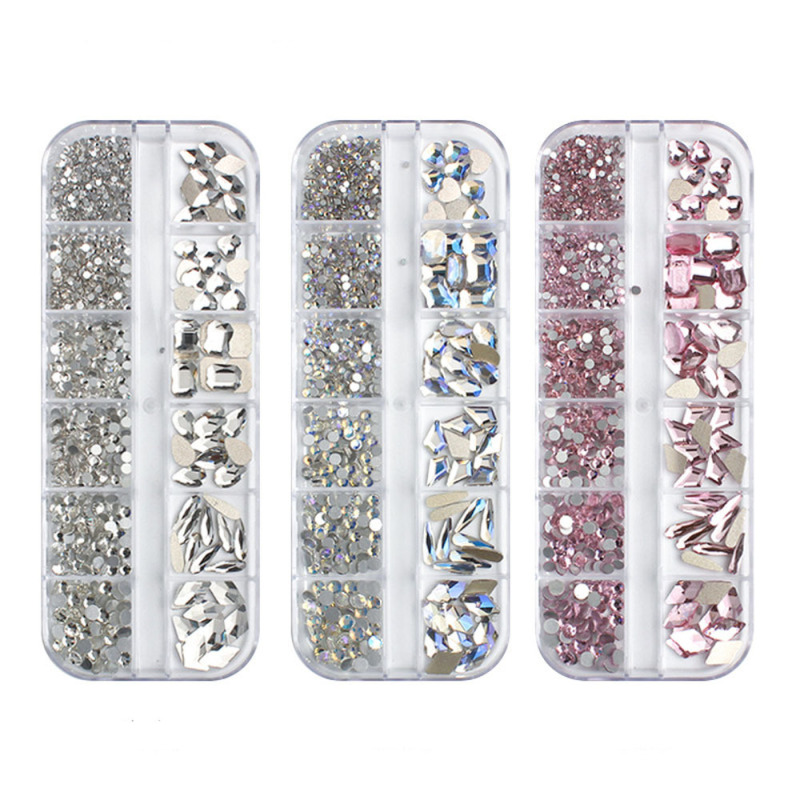 12 grid nail jewelry square diamond color flat shaped diamond white diamond mixed size glass round diamond nail accessories 12 grid nail jewelry square diamond color flat shaped diamond white diamond mixed size glass round diamond nail accessories