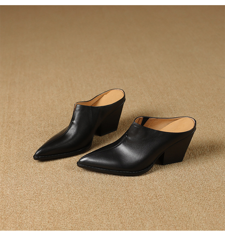 Giày mule nữ da bò mũi nhọn gót cao 7 cm phong cách Âu Mỹ — đen chi tiết 16