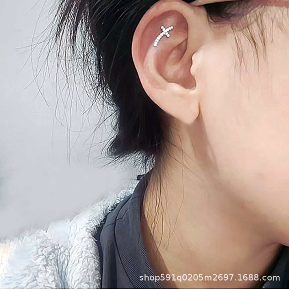 F136 Titanium Alloy Cross Zircon Lip Ring Inner Tooth Thread Lip Stud Piercing Jewelry detail image 7
