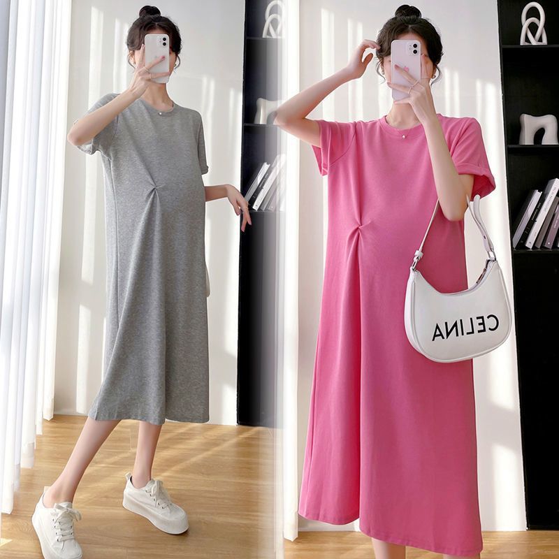 Maternity Dress, Summer Dress, Mid-Length Skirt, Women's Outer Wear, New Spring and Autumn Short-Sleeved Tops, Hot Mom Suit, Summer