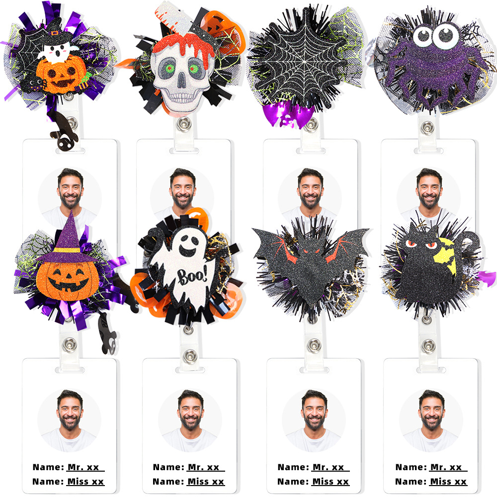 Polvo brillante fácil de tirar de regalos de Halloween fantasma esqueleto placa de identificación de fichaje multifuncional giratorio fácil de tirar