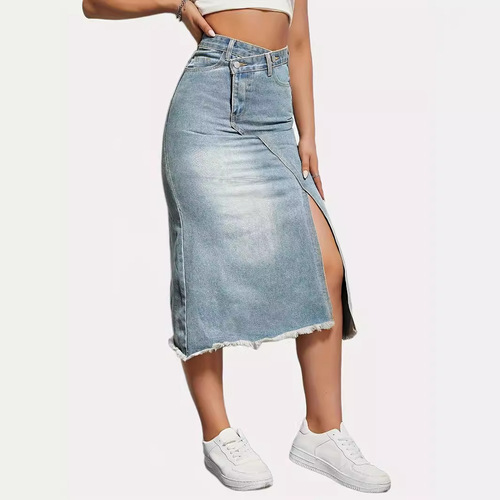 Summer New Deconstructed Slit High-Waist Denim Half-Shift Cotton High-Waist Slimming Design Women's Skirt
