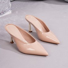 欧美风亮面漆皮跨境女鞋高跟拖鞋时尚一件代发夏季潮款超高跟