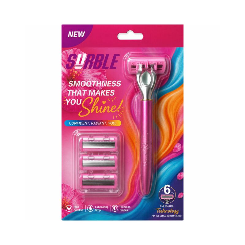Women's six-blade razor with metal handle and lubricating strip for shaving underarms, legs, private areas, and full body hair removal