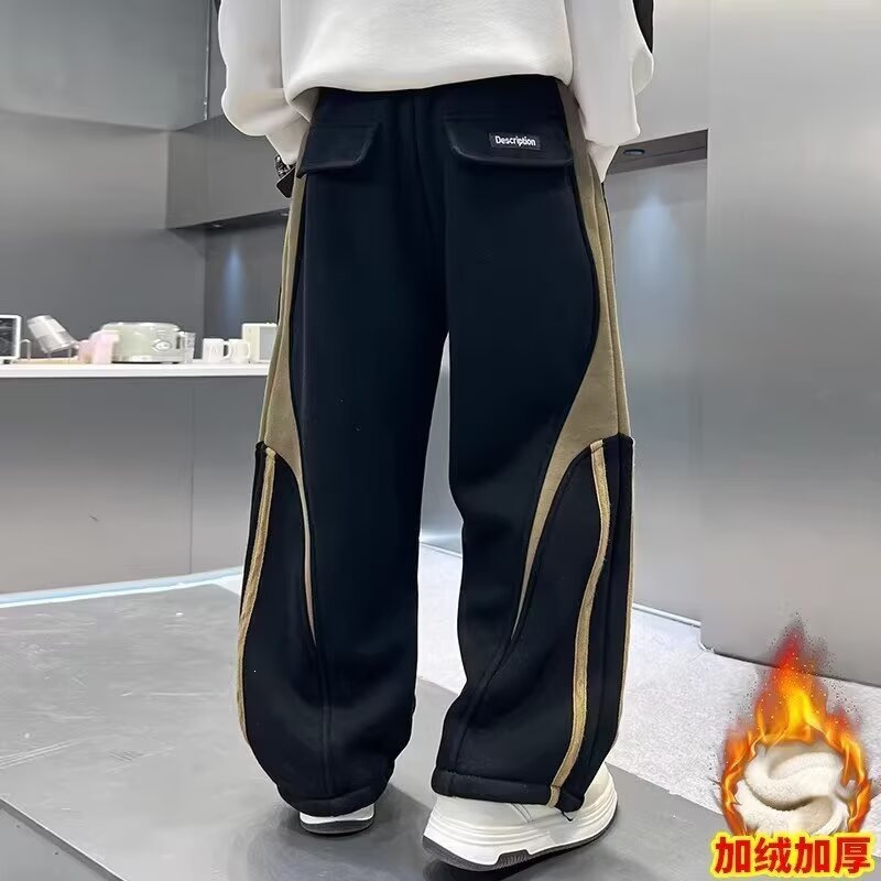 Autumn and winter fleece-lined pants for boys, ages 12-14, suitable for junior high school students and teenagers, straight-leg athletic sweatpants