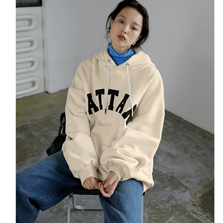 春秋新款复古上衣美式棉套头字母宽松长袖连帽女式卫衣休闲外套|ms
