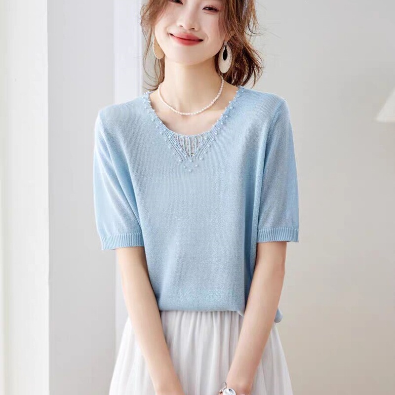 Super Stylish Beaded V-Neck Short-Sleeve T-Shirt for Women, 2026 Summer New Model, Beautiful Thin Knit Top Super Stylish Beaded V-Neck Short-Sleeve T-Shirt for Women, 2026 Summer New Model, Beautiful Thin Knit Top