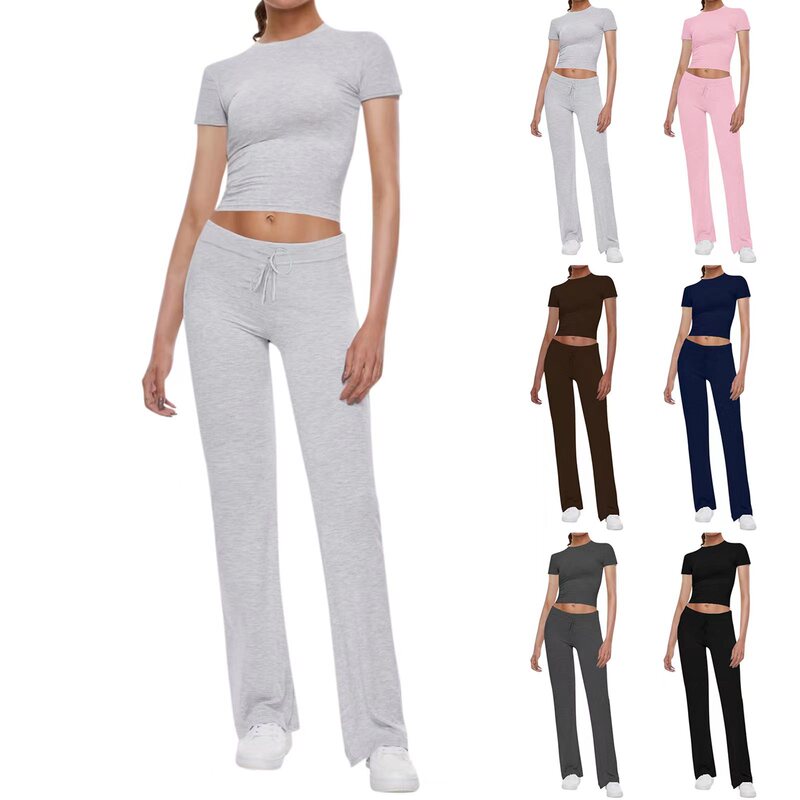 Cross-Border 2025 American-Style Basic Casual Solid Color T-Shirt + Casual Pants with Cuffed Waistband Short-Sleeve Hot Girl Sports Set Cross-Border 2025 American-Style Basic Casual Solid Color T-Shirt + Casual Pants with Cuffed Waistband Short-Sleeve Hot Girl Sports Set