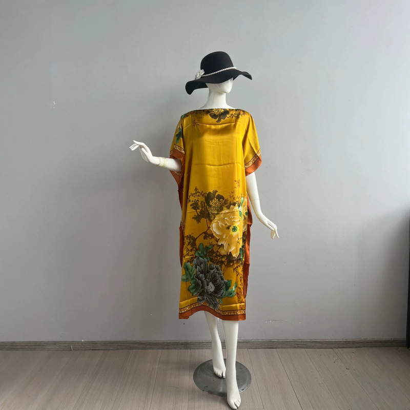 Direct manufacturer, in-stock wholesale, cross-border plus-size faux silk printed long dress, stylish dress Direct manufacturer, in-stock wholesale, cross-border plus-size faux silk printed long dress, stylish dress