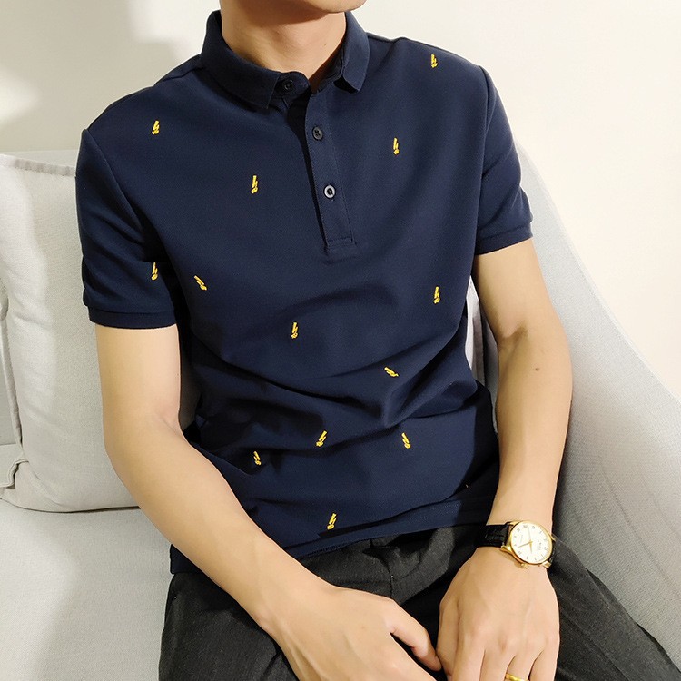 Moda de los hombres de moda verano nuevo negocio casual Polo camisa azul marino relámpago bordado de manga corta Camiseta polo camisa