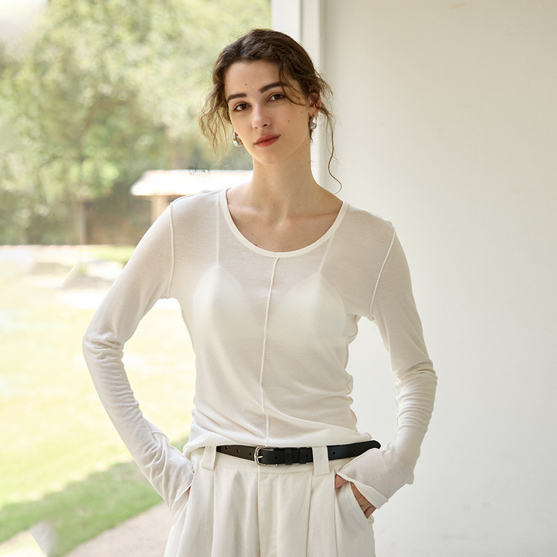 High-Quality Lyocell Wool Women's Base Layer Shirt, New Spring Style, Round Neck Knit Inner Wear, Warm and Slimming Long-Sleeve Top