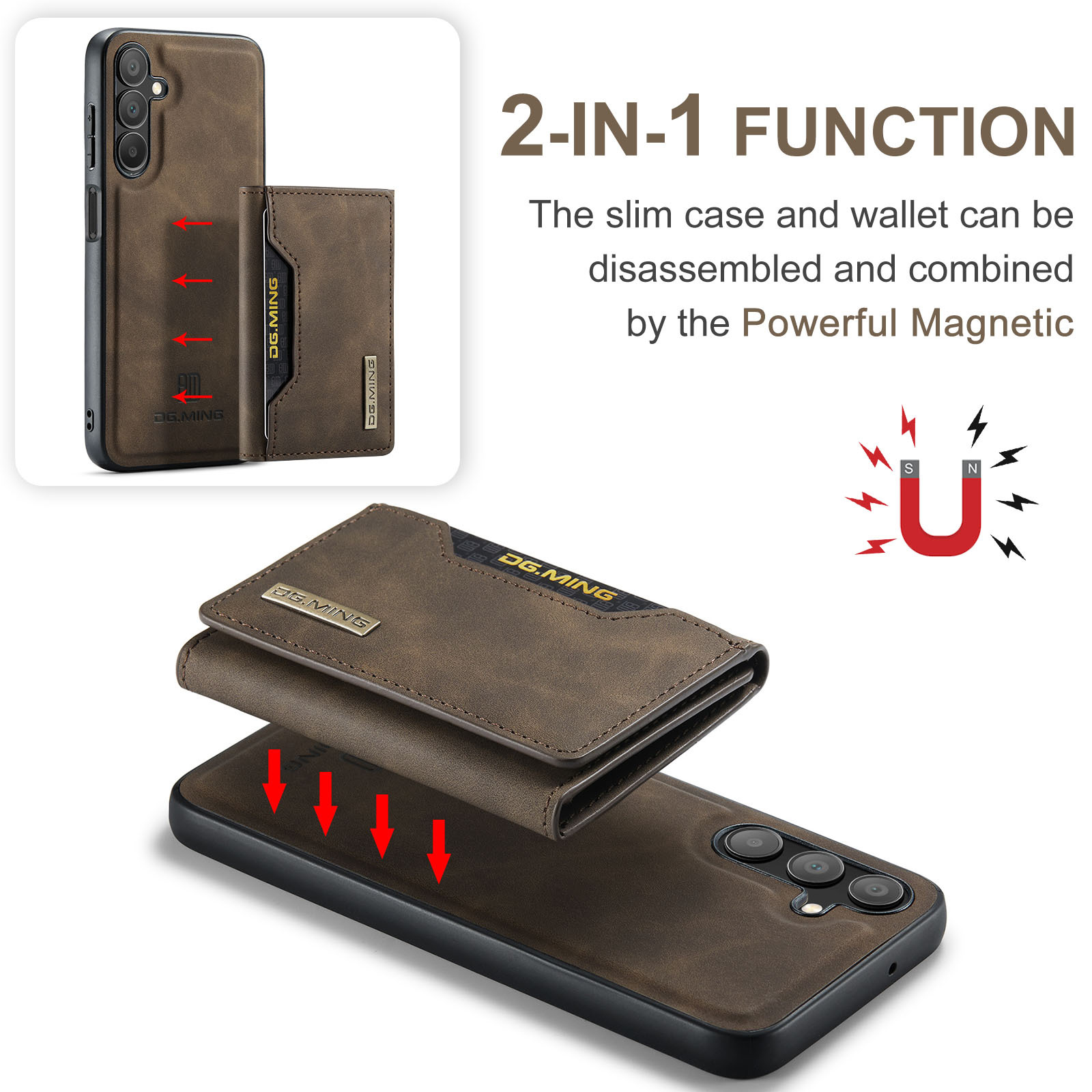 M2 for Samsung A15 Tri-fold Magnetic Card Bag A15 4G Protective Cover A15 5G 2-in -1 Split Phone Case_voghion.com