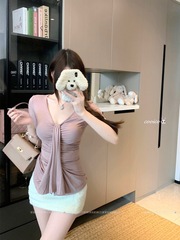 设计感小众v领套头长袖T恤女秋季2025新款气质绑带修身显瘦上衣潮