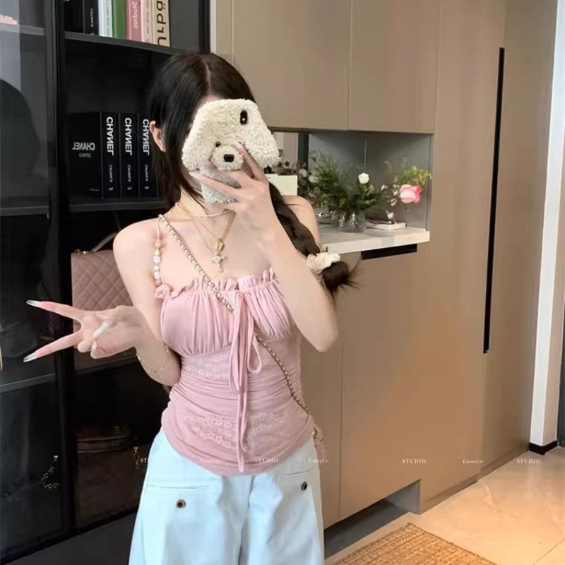 [1×1 Cut as You Like] Beaded Shoulder Straps Lace Stitching Acetate Camisole Women's Summer 2025 New Slim Fit