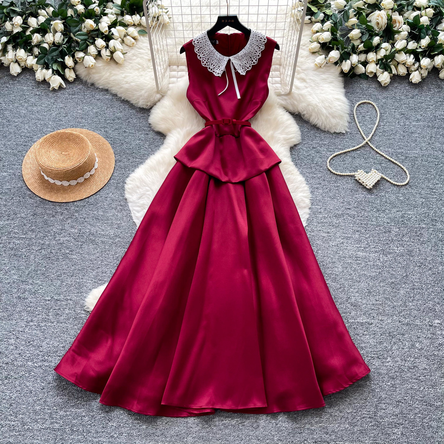 Elegant High-Waisted A-Line Dress Red Lace Peter Pan Collar Summer Commute Suitable Women's Clothing_ecoleips.com