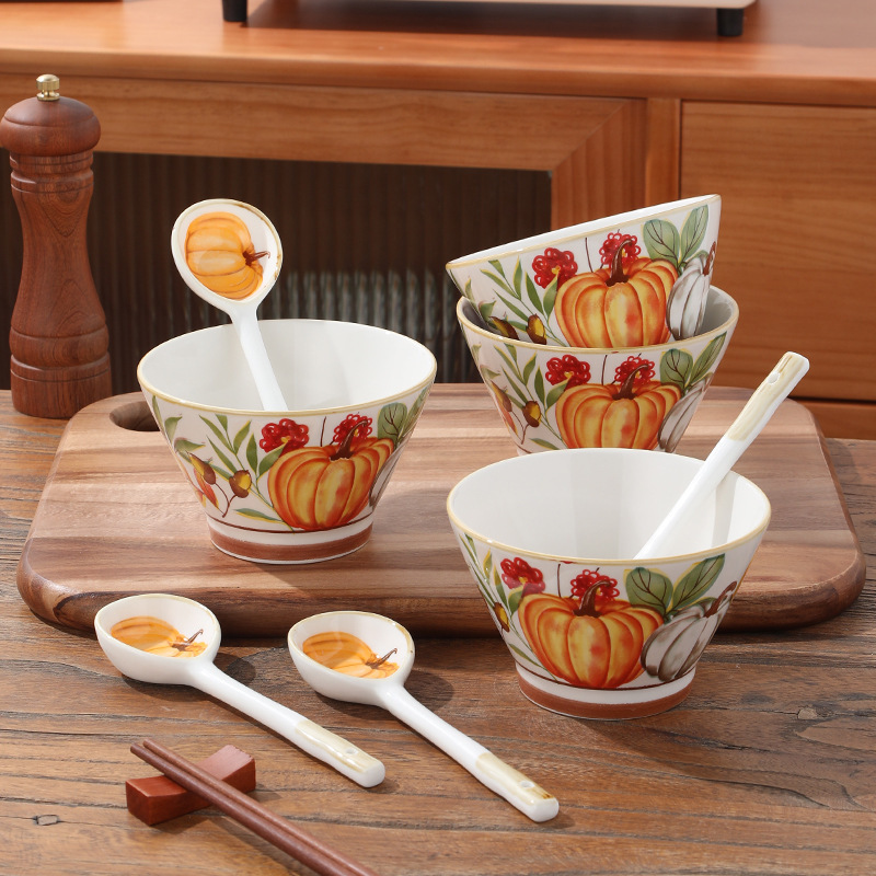 [Pumpkin Garden t] Retro Pumpkin Tableware Hat Bowl Spoon Set 5-Inch Rice Bowl Ceramic Underglaze Color