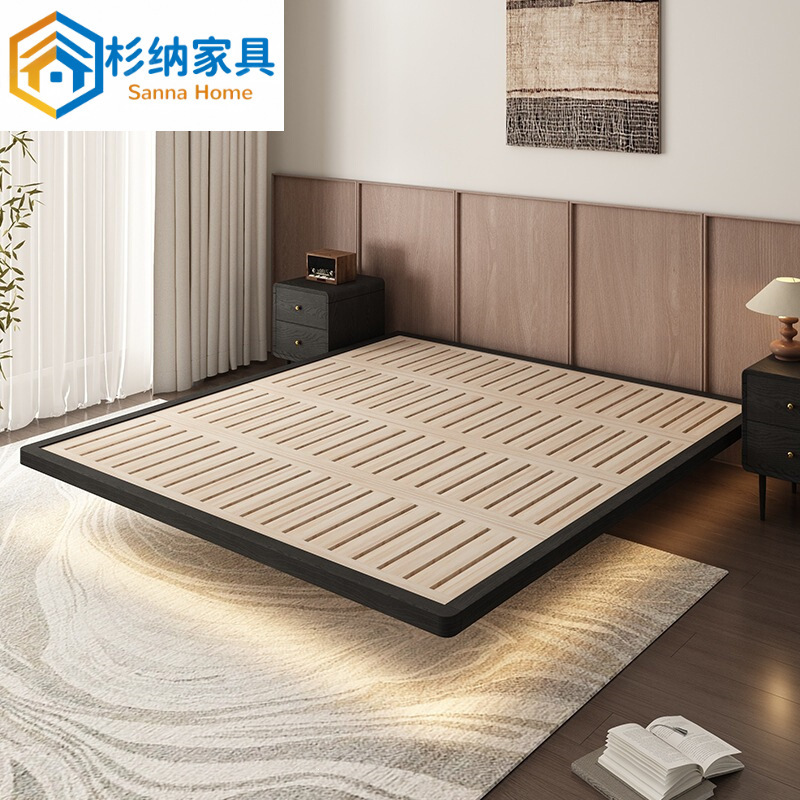 Black minimalist, flush-edge, floating bed with no headboard, solid wood bed frame, mortise and tenon joinery, all-solid wood, suitable for a master bedroom or small apartment, double bed